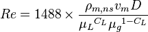  Re = 1488 \times \frac {\rho_{m,ns} v_m D} { {\mu_L}^{C_L} {\mu_g}^{1-C_L} } 