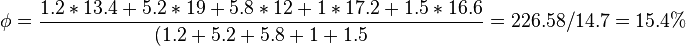 \phi = \frac{1.2*13.4 + 5.2*19 + 5.8*12 + 1*17.2 + 1.5*16.6}{(1.2 + 5.2 + 5.8 + 1 + 1.5} = 226.58 / 14.7 = 15.4%