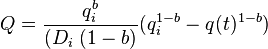  Q = \frac{q^b_i}{(D_i\ (1-b)} (q^{1-b}_i-q(t)^{1-b})