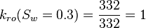 k_{ro}(S_w=0.3) = \frac{332}{332} = 1 