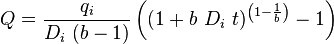  Q = \frac{q_i}{D_i\ (b-1)} \left ( (1+b\ D_i\ t)^ \left ( 1-\frac{1}{b} \right ) -1 \right )