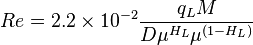  Re = 2.2 \times 10^{-2} \frac {q_L M}{D \mu^{H_L} \mu^{(1-H_L)}}